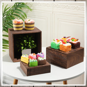 Barydat burnt wood cupcake stackable stand with varying tiers for parties.