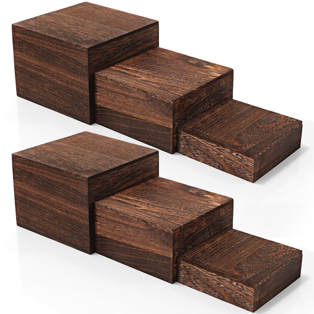 Barydat burnt wood display stand for cupcakes at three heights.