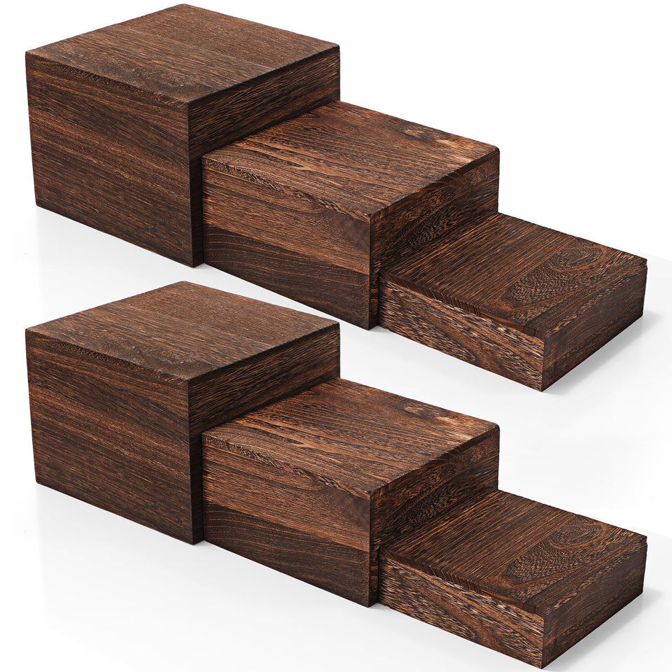 Barydat burnt wood display stand for cupcakes at three heights.