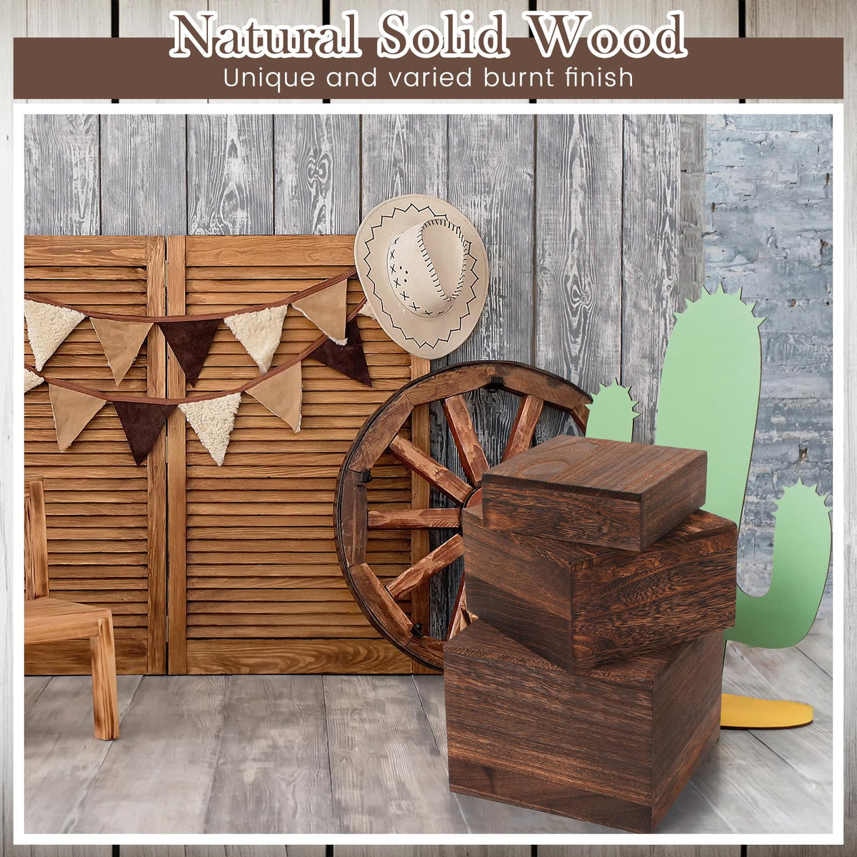 Barydat burnt wood display piece adds vintage style to weddings and celebrations.