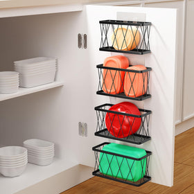 BasicForm 4 Pack door organizers mounted on a cabinet door offer clutter-free lid storage.