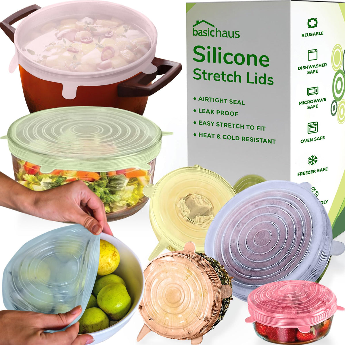 Basic Haus reusable silicone lids fit round containers for versatile storage.