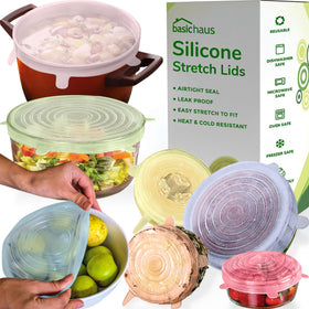 Basic Haus reusable silicone lids fit round containers for versatile storage.