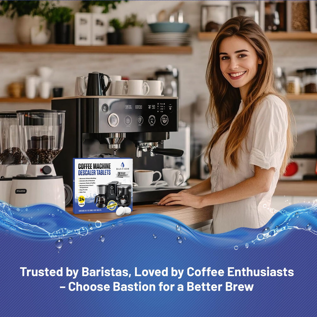 Bastion compatibility icons indicate work with Keurig, Nespresso, Ninja, and more