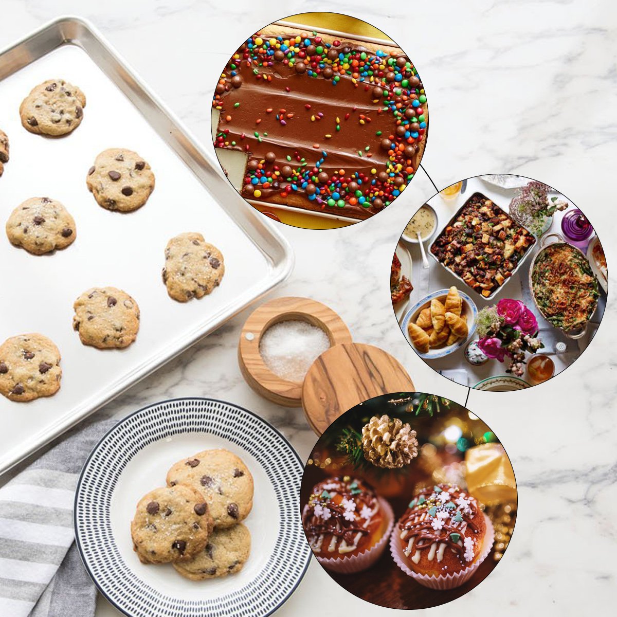 Bastwe baking sheet with 1-inch lip to catch spills and juices.