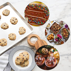 Bastwe baking sheet with 1-inch lip to catch spills and juices.