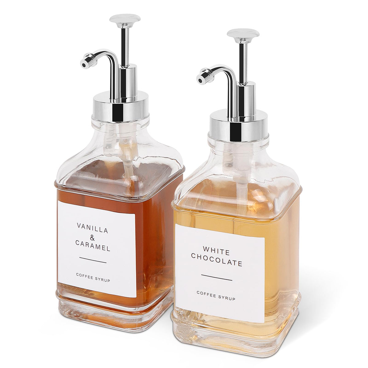 BathAce coffee syrup dispenser glass bottles with chrome pumps for a sleek cafe-style setup.