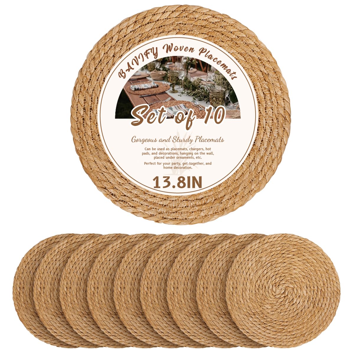 BAVIFY 13.8-inch round woven placemats show natural rattan texture for elegant dining.