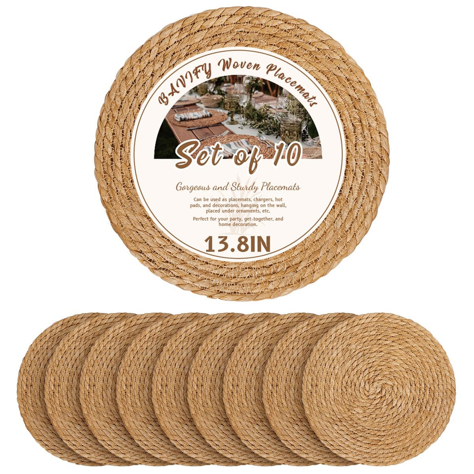 BAVIFY 13.8-inch round woven placemats show natural rattan texture for elegant dining.