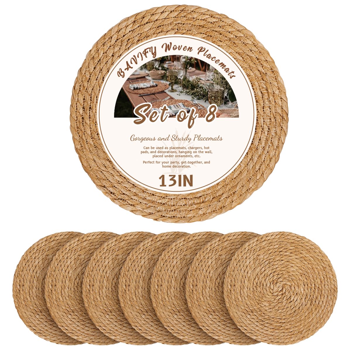 BAVIFY round woven boho placemats set of 8 showing rustic rattan texture for dining