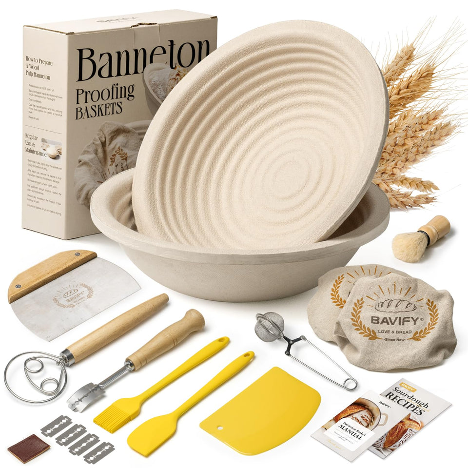 BAVIFY wood pulp banneton basket 9in round for even proofing and crust development.