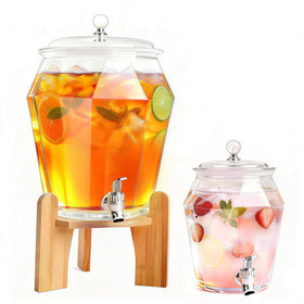 Bawanglo 2pcs drink dispenser set with wood stand for easy outdoor entertaining.