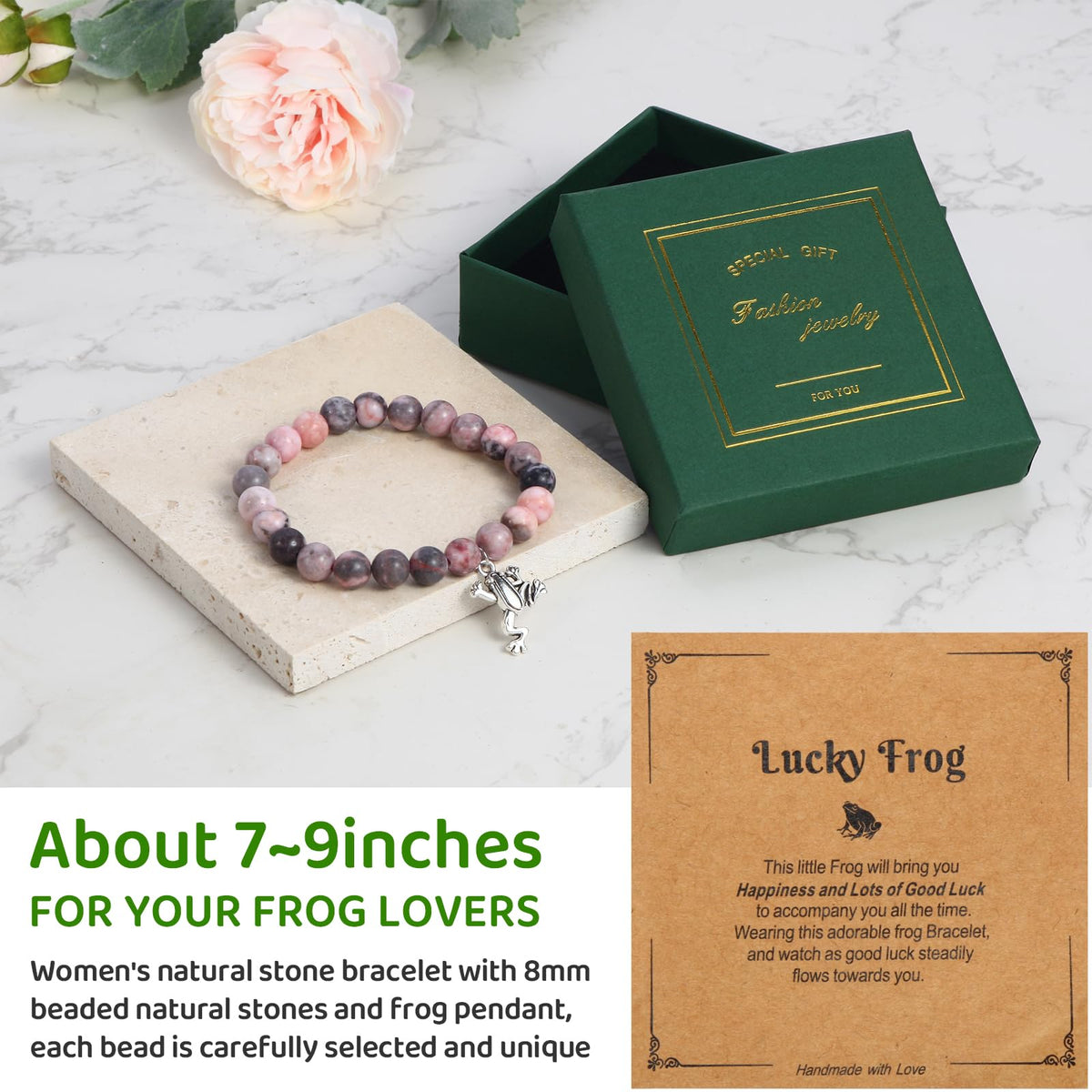 Bayelove frog gift set bracelet, 8mm natural stones with frog pendant.