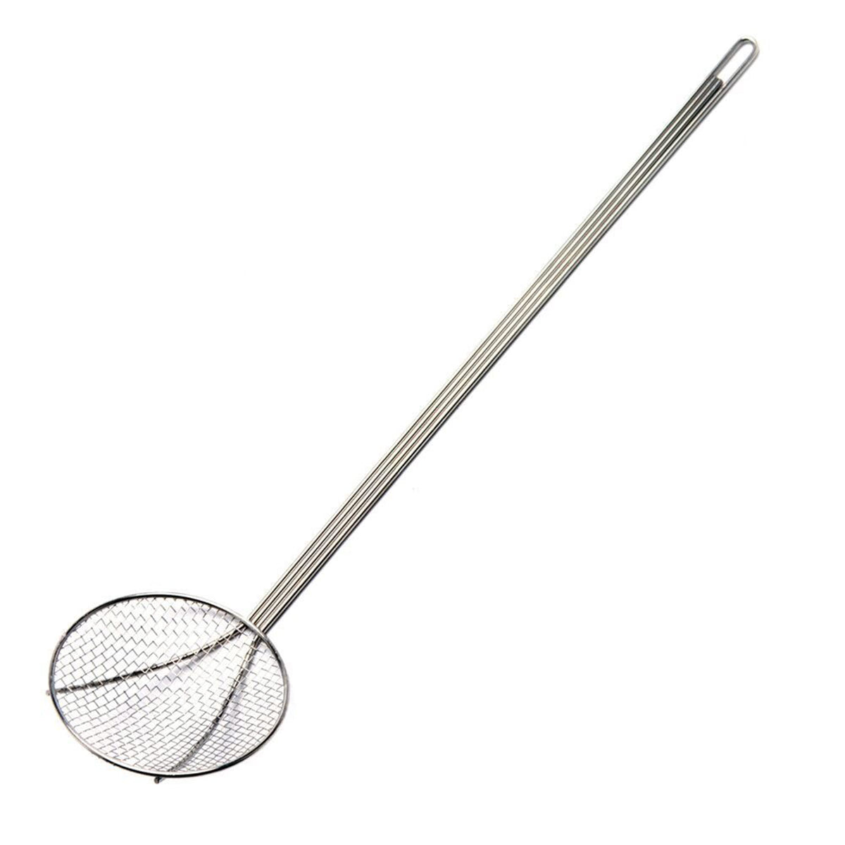 Bayou Classic 36in mesh skimmer with handle and bowl for boiling seafood safely.