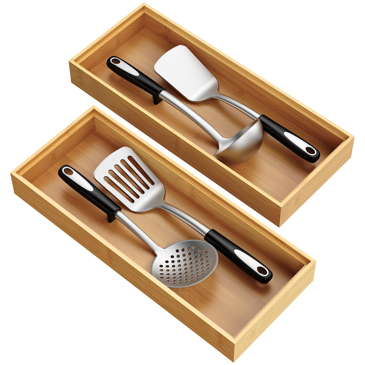Bayting bamboo drawer organizer 2-piece in kitchen drawer keeps utensils neatly sorted
