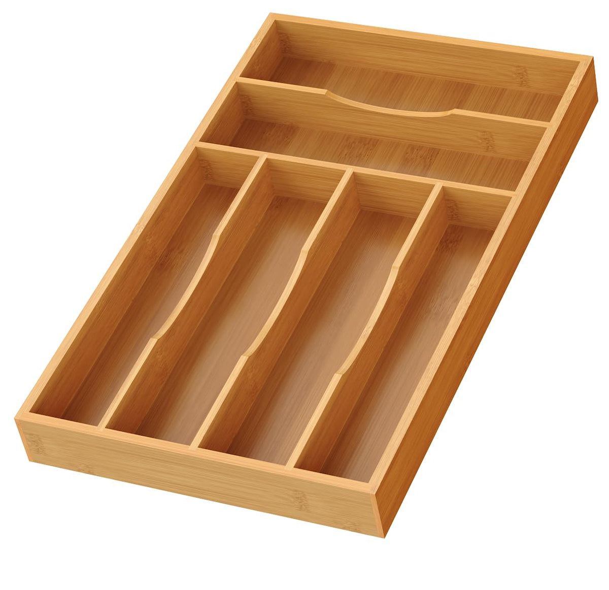 Bayting bamboo silverware organizer with six slots for a tidy drawer.