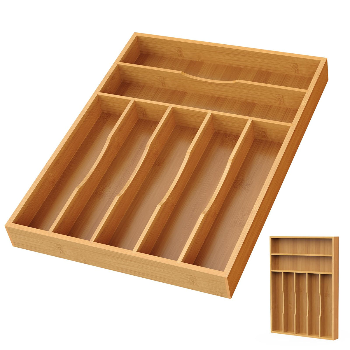 Bayting bamboo silverware organizer with 7-slot design for neat separation.