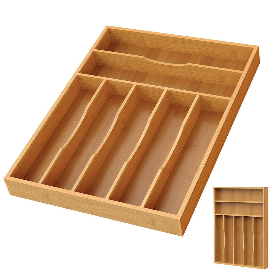 Bayting bamboo silverware organizer with 7-slot design for neat separation.