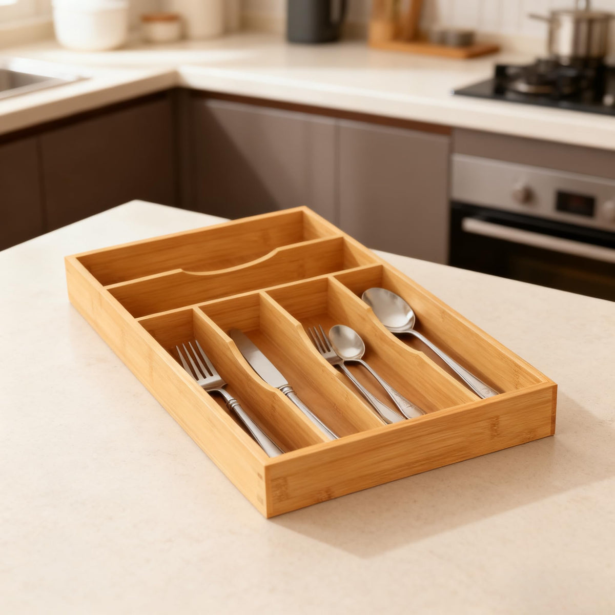 Bayting bamboo storage solution improves drawer organization.