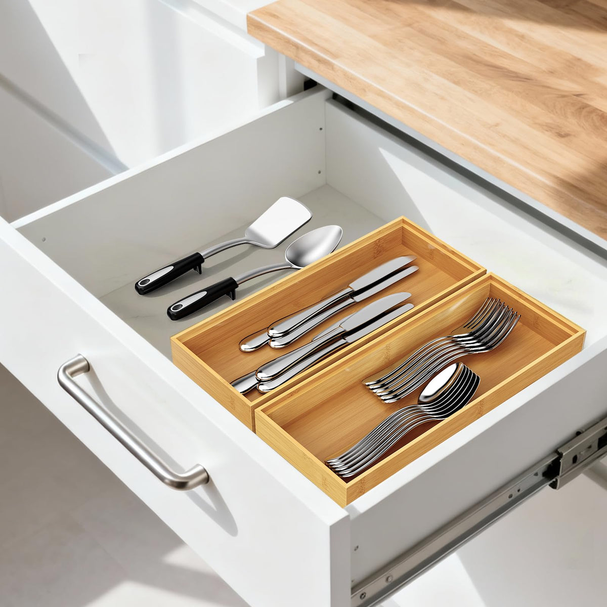 Bayting wood silverware organizer fits standard drawers reducing clutter on busy counters