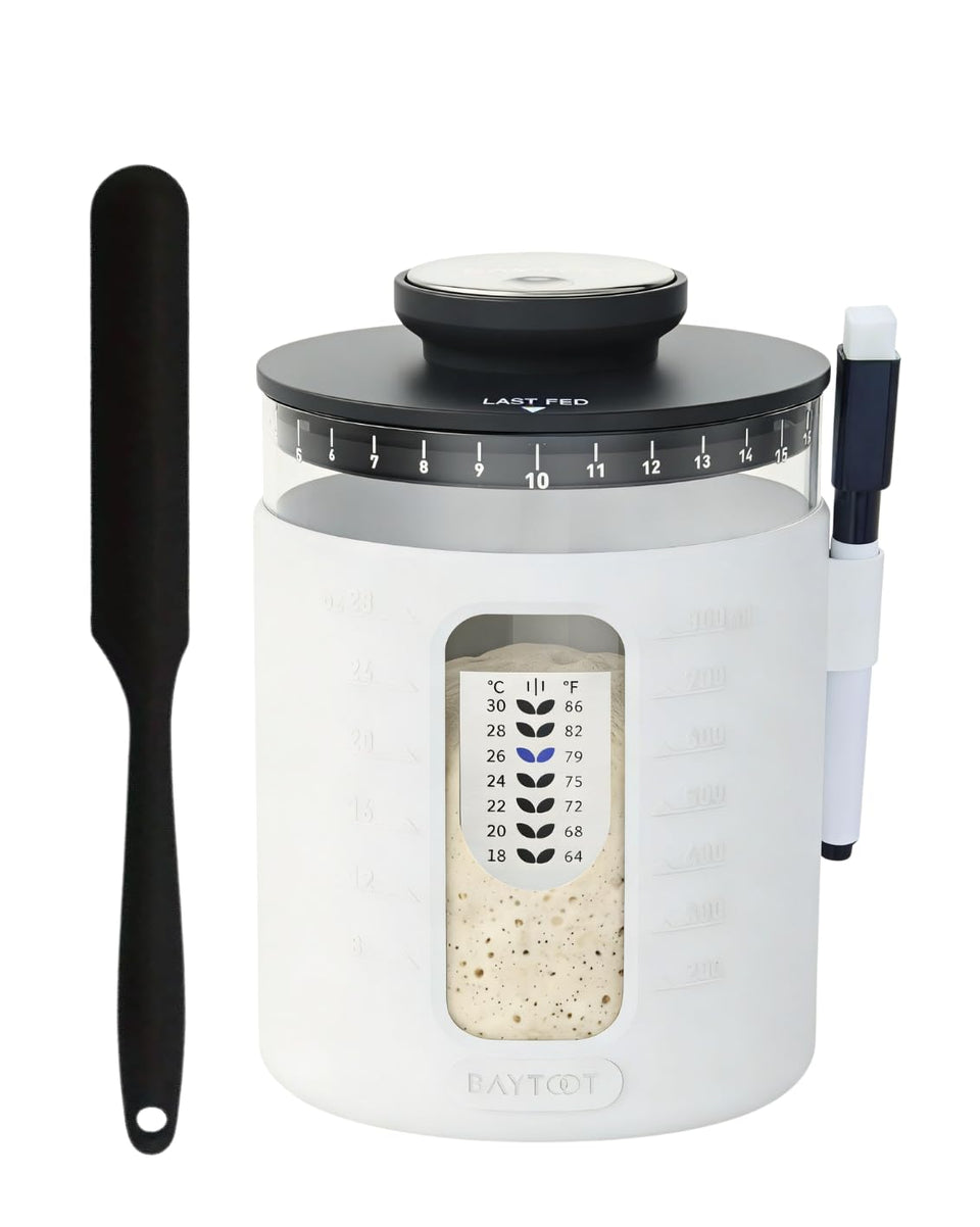 Baytoot sourdough starter jar 33oz with wide opening for easy feeding and monitoring.