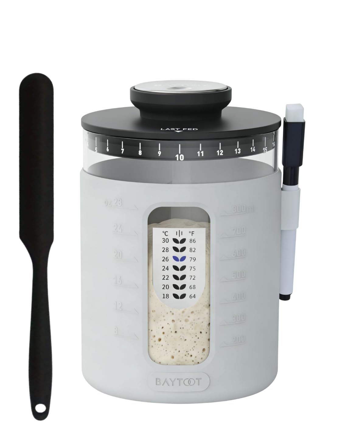 Baytoot wide-mouth sourdough jar for easy feeding and monitoring.