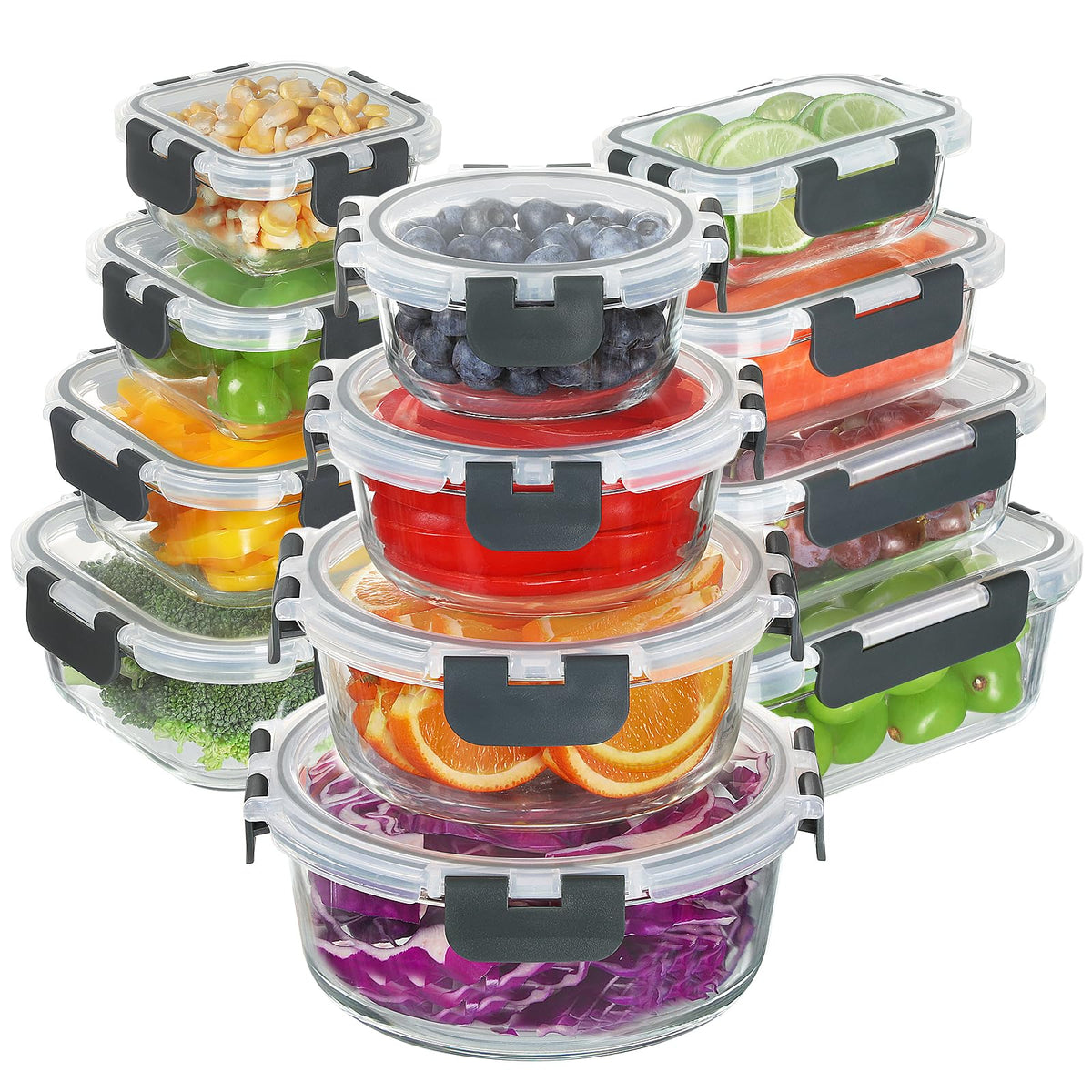 Bayzz 24-piece glass storage set with clear containers for meal prep and leftovers.