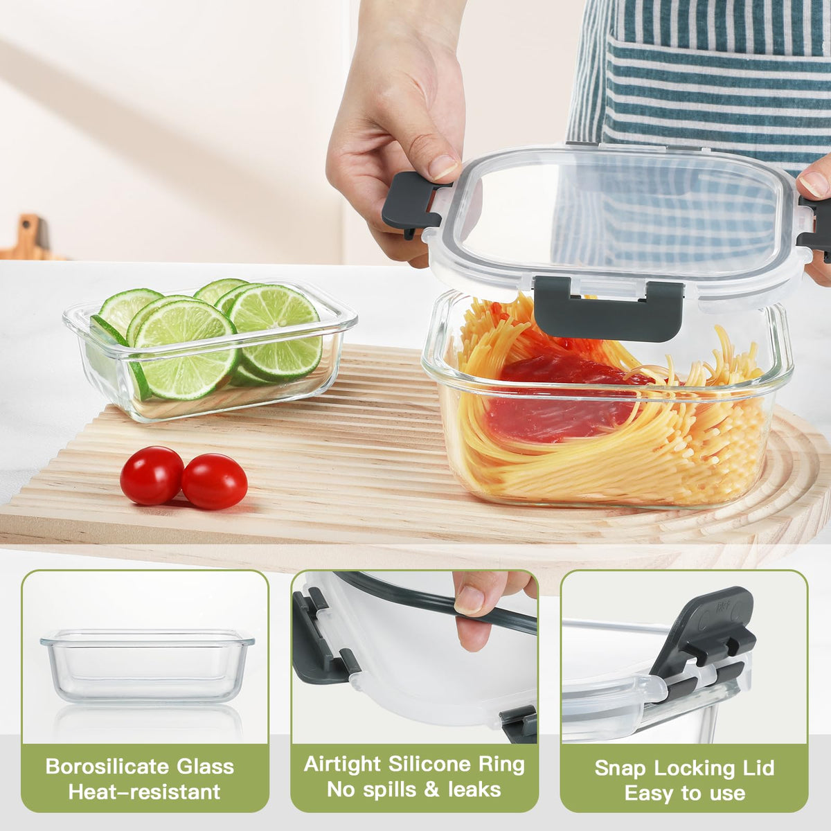 Bayzz glass container with airtight lid showing leak protection for on-the-go meals.