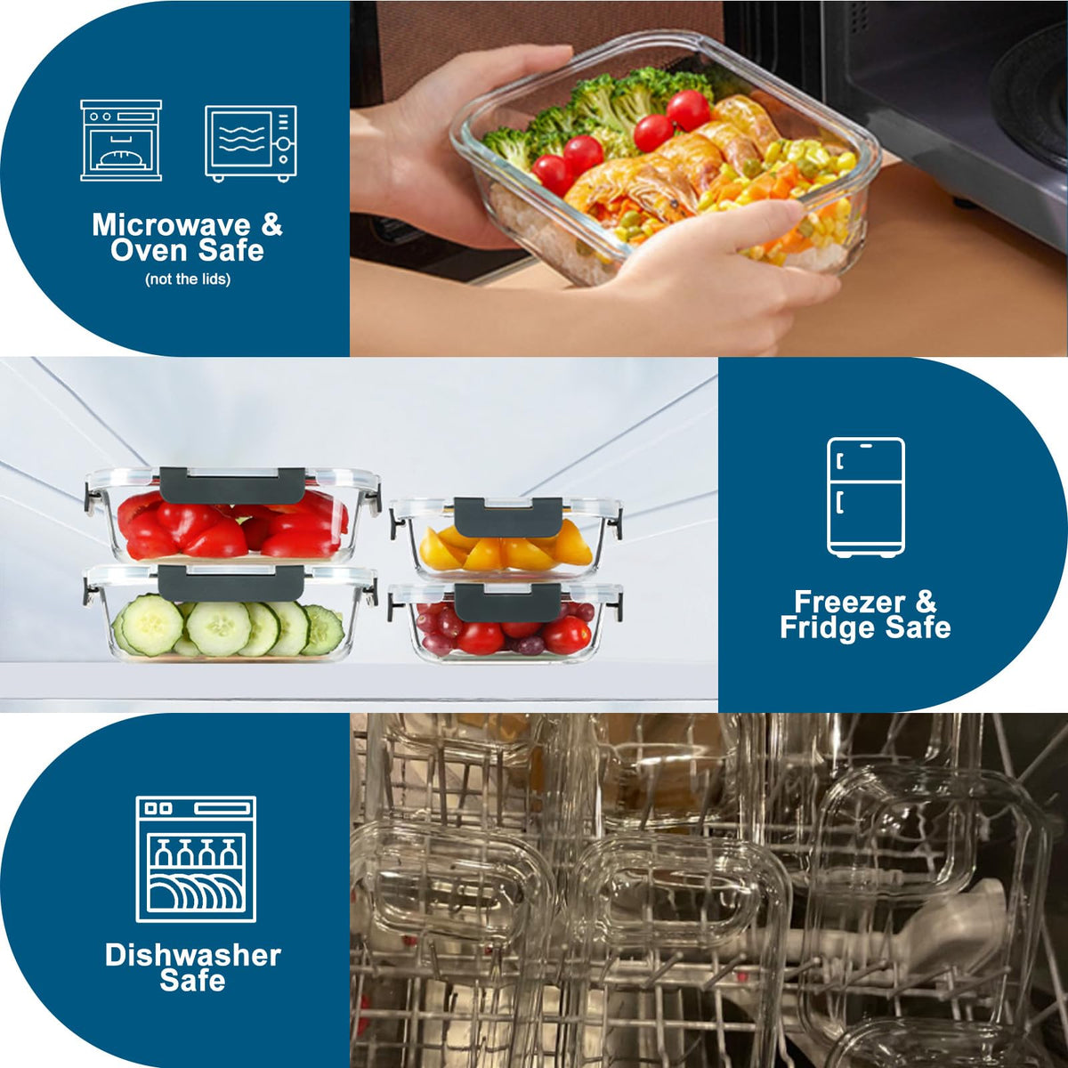 Bayzz rectangular borosilicate glass containers for freezer and reheating convenience.