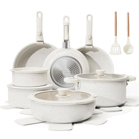Bazova 22-piece set on stove top showing nonstick surface for easy release