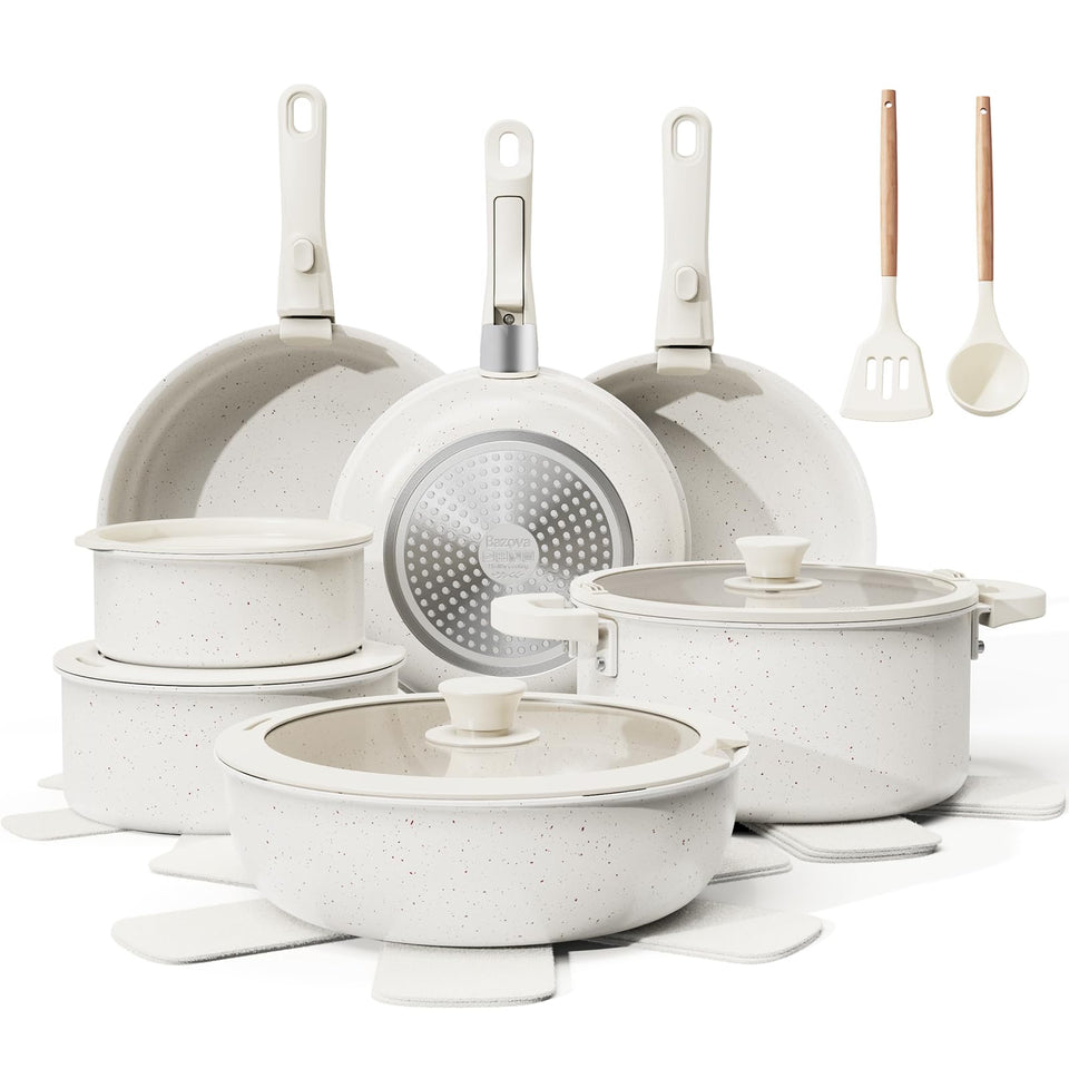 Bazova 22-piece set on stove top showing nonstick surface for easy release