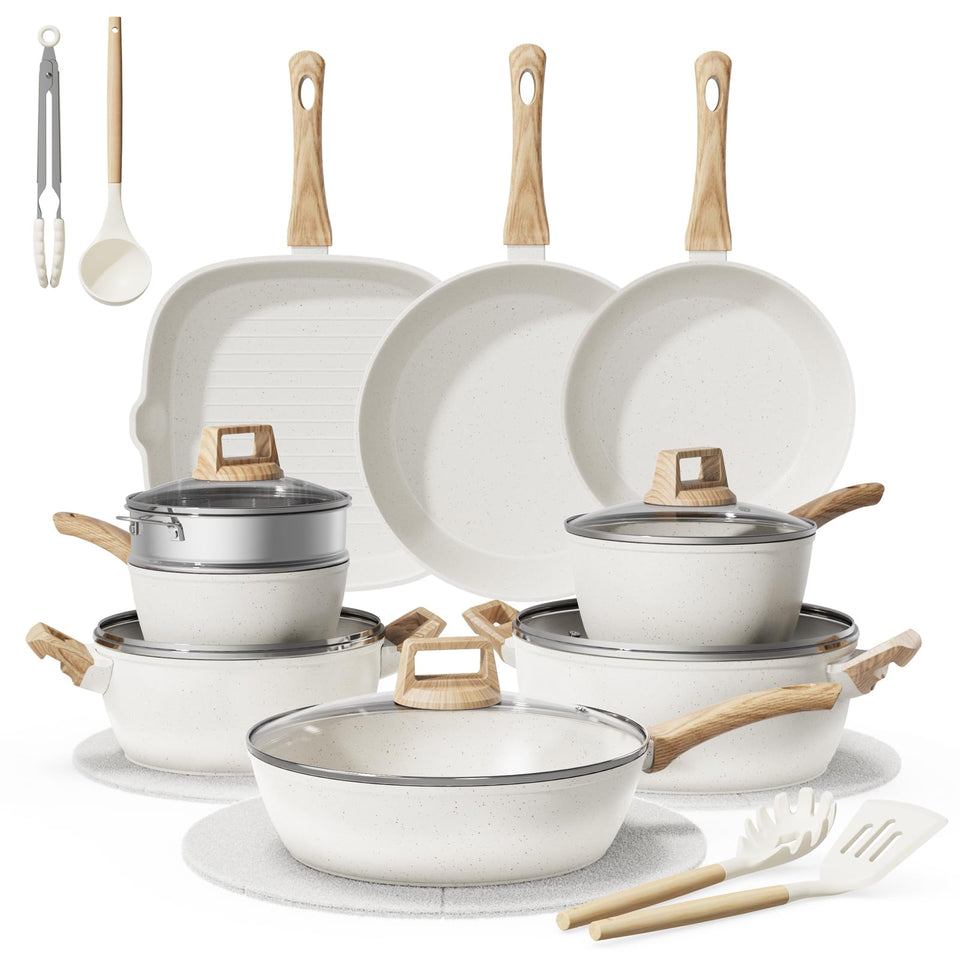 Bazova 24-piece pots and pans set with nonstick surface for easy food release and quick cleanup.