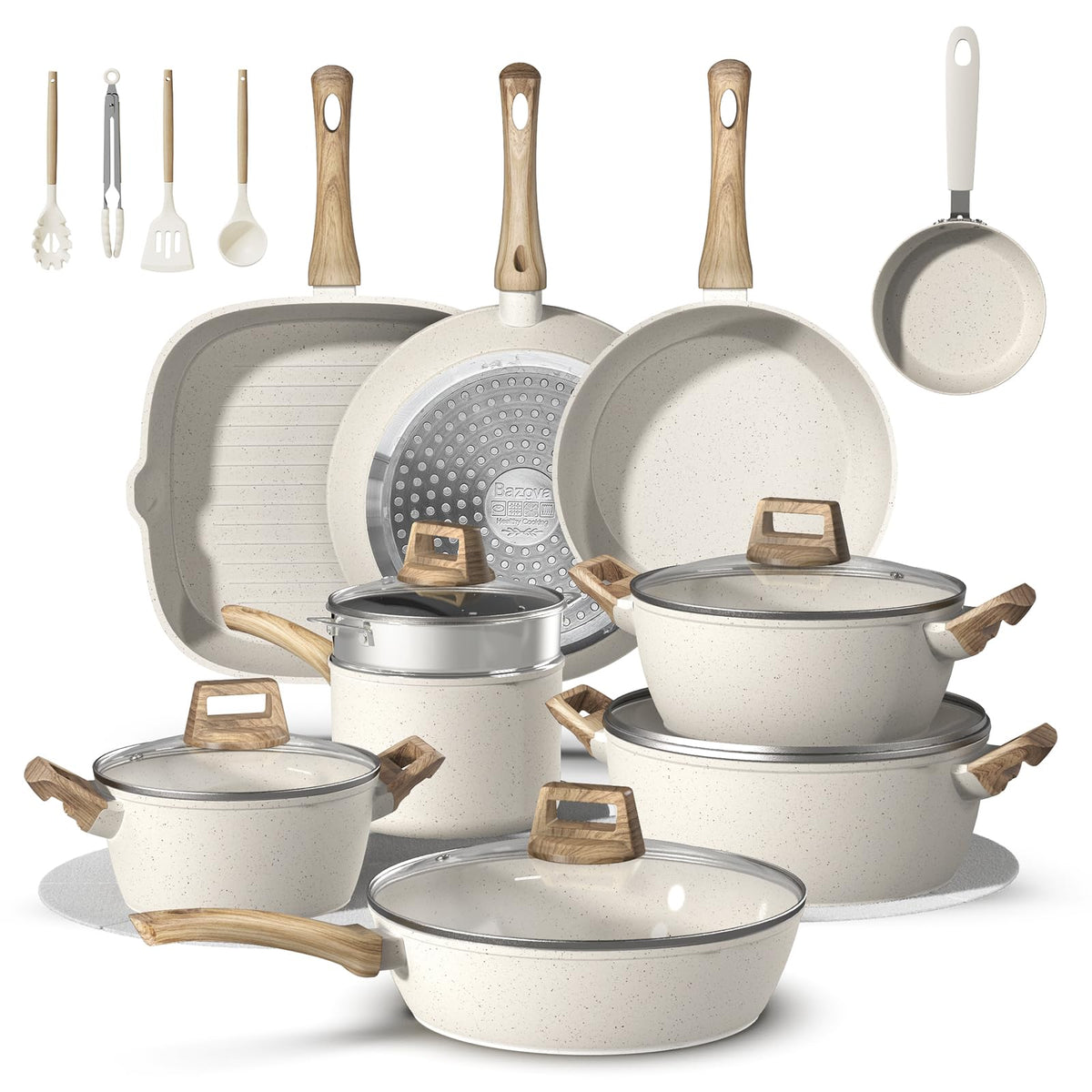 Bazova 25-piece frying pan with titanium-reinforced nonstick for easy egg release.
