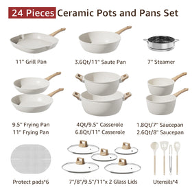 Bazova complete kitchen set with lids, utensils, steamer and protectors for meal prep.