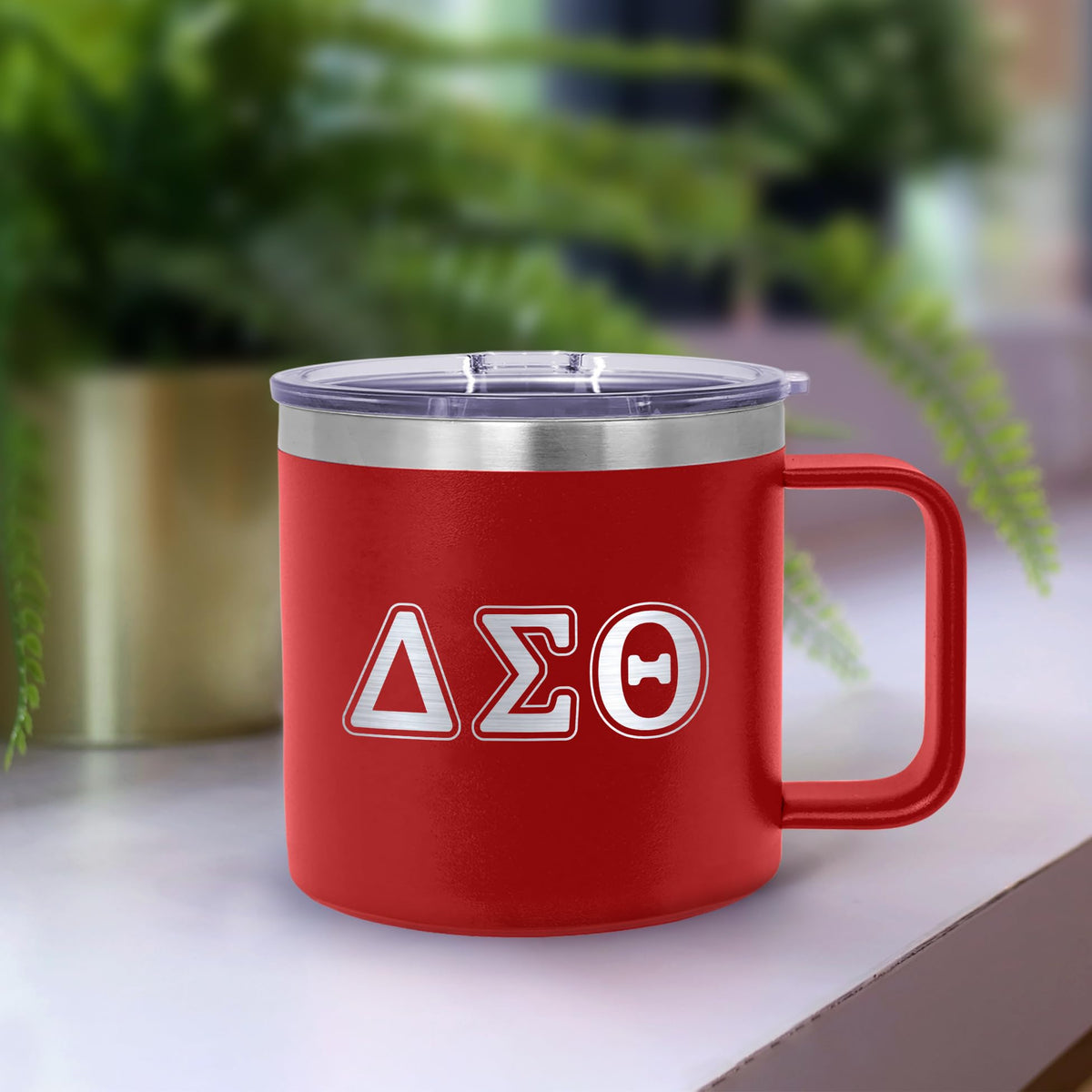 BBGreek mug with red powder coat offers a secure grip and bold color.