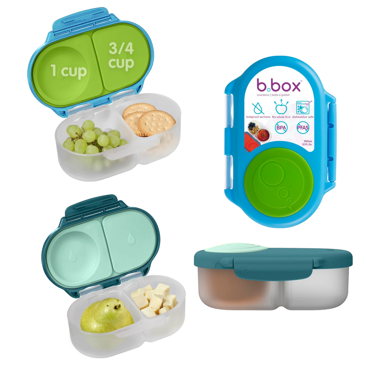b.box Snack Box 2 Pack front view in Ocean Blue and Forest colors for kids' snacks