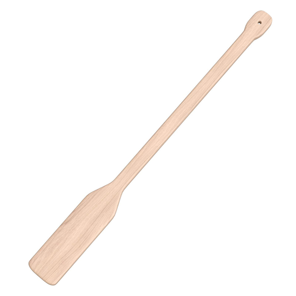BBQ-PLUS 36-inch wooden mixing paddle stirring deeply in a stockpot for even heat distribution