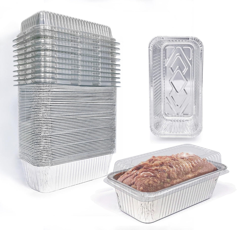 BBQMFG disposable loaf pans with lids in a 50-pack for easy transport and storage