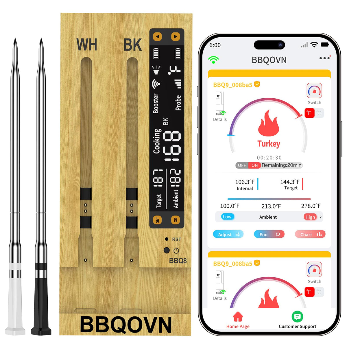 BBQOVN wifi sub-1g thermometer enabling remote meat monitoring.