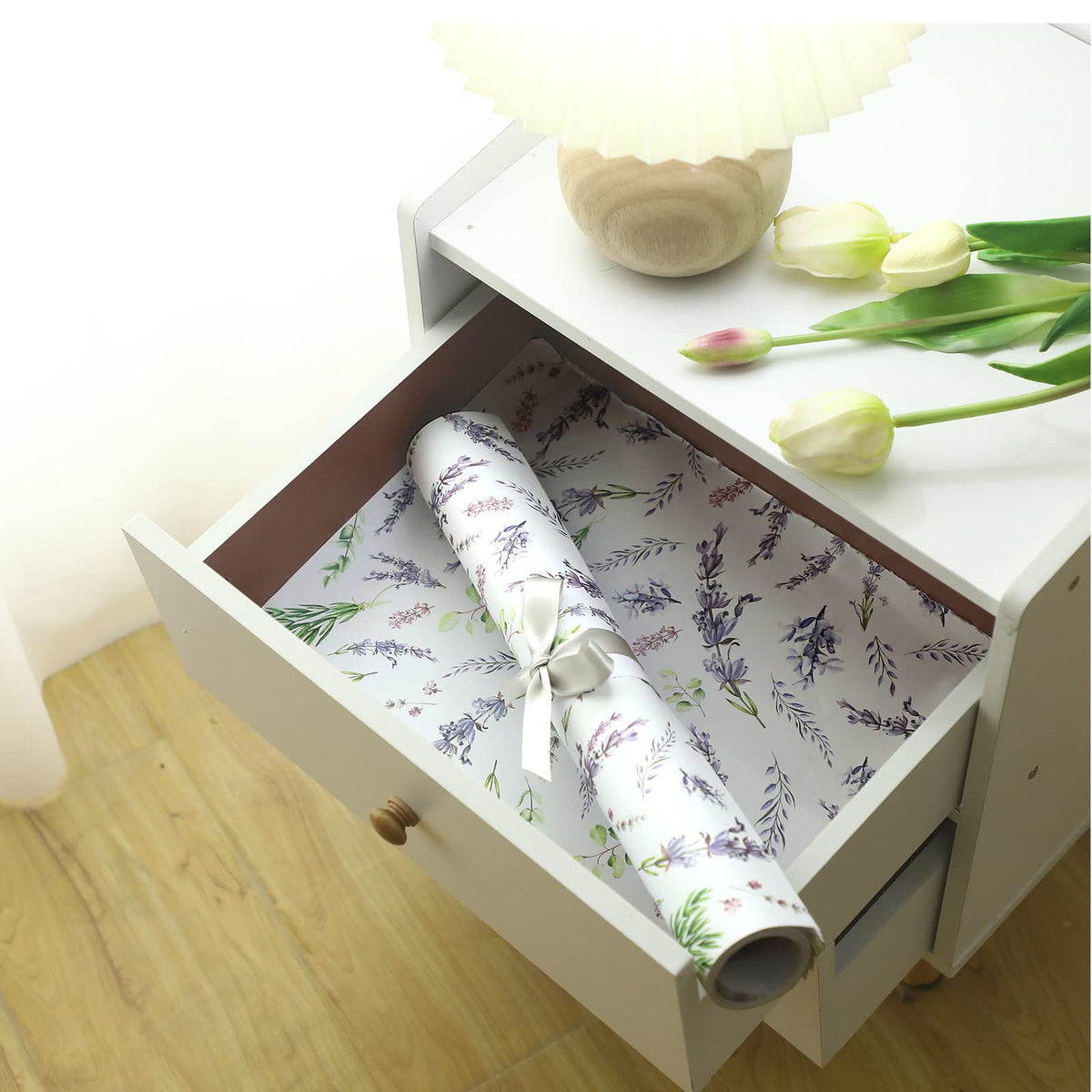 BBTO lavender pattern liner brightens closet shelves.