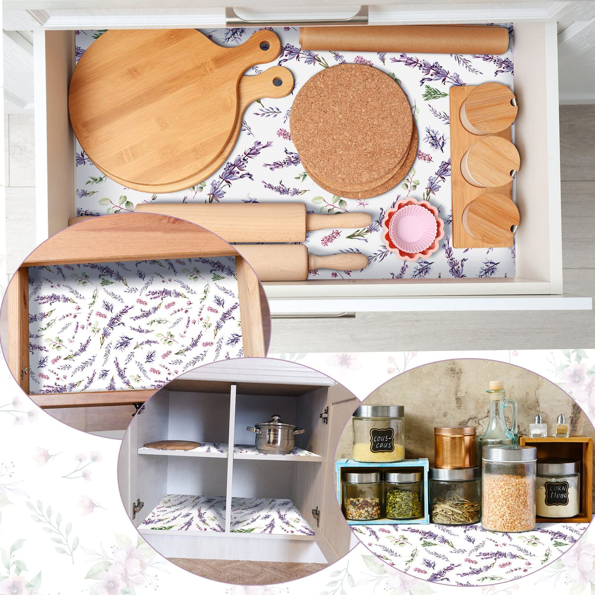 BBTO lavender print liner decorates shelves and refreshes air.
