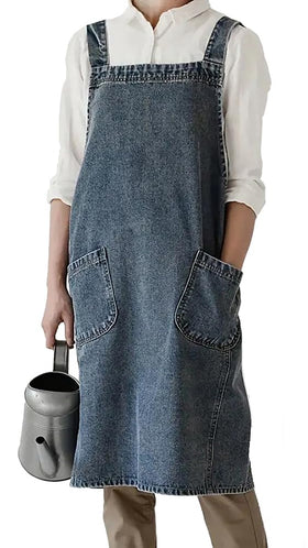 BCHWAY FAMILY denim apron with large pockets keeps tools within reach during cooking or crafting.
