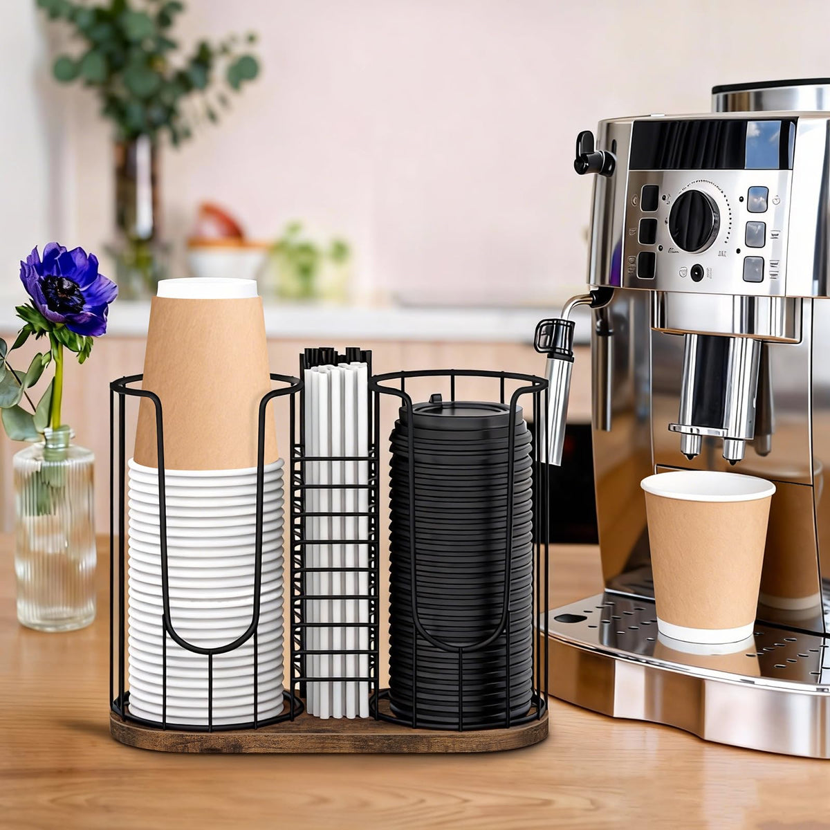 BCOZLUX all-in-one station keeps cups, lids, and straws within reach.