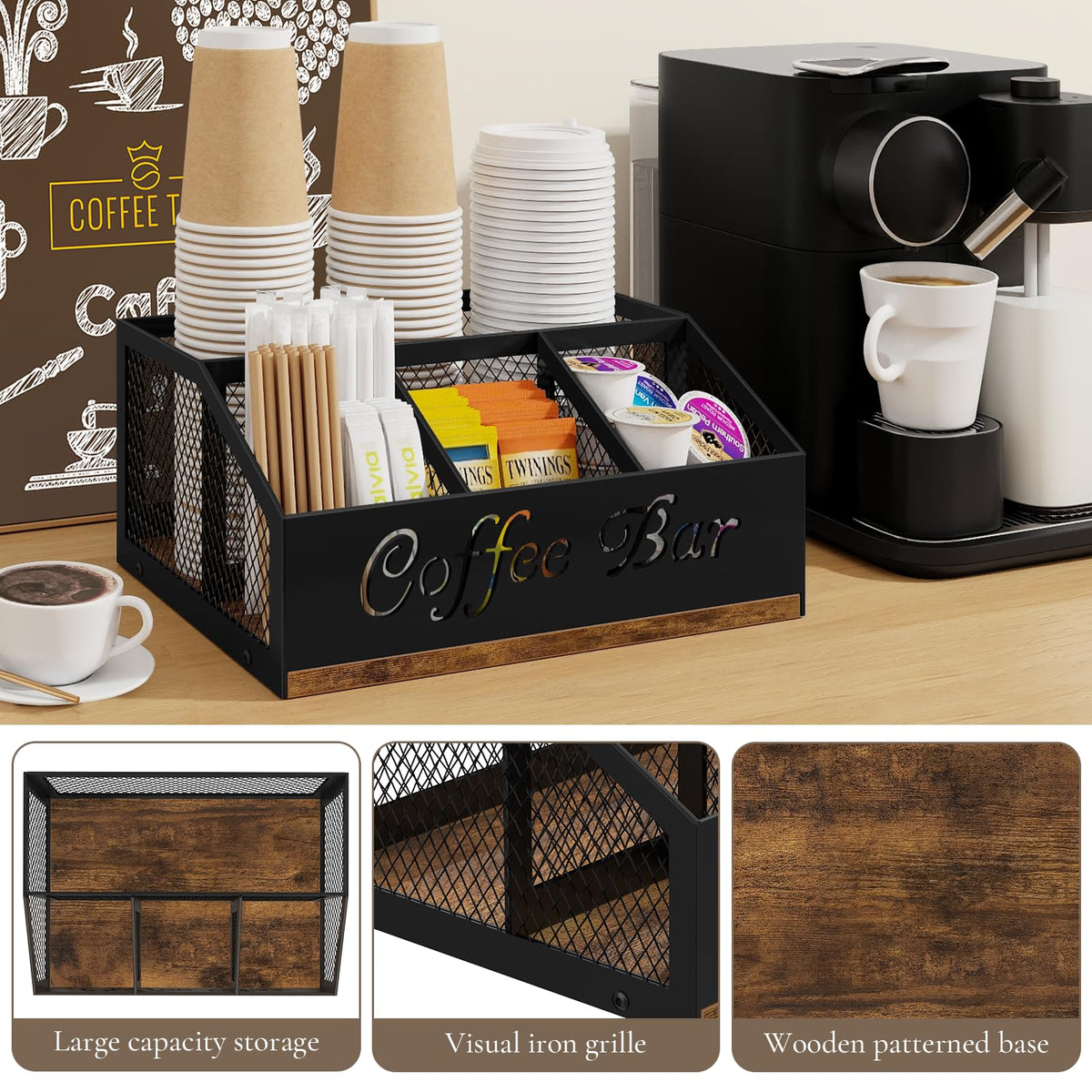BCOZLUX four-compartment design neatly organizes cups, capsules, and syrups for quick access.