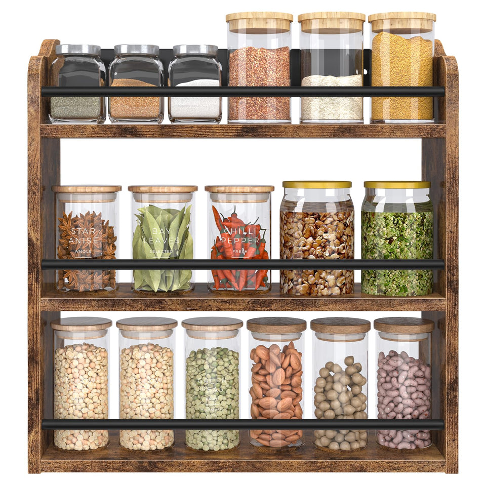 BCOZLUX wall-mounted 3-tier spice rack for easy jar access.