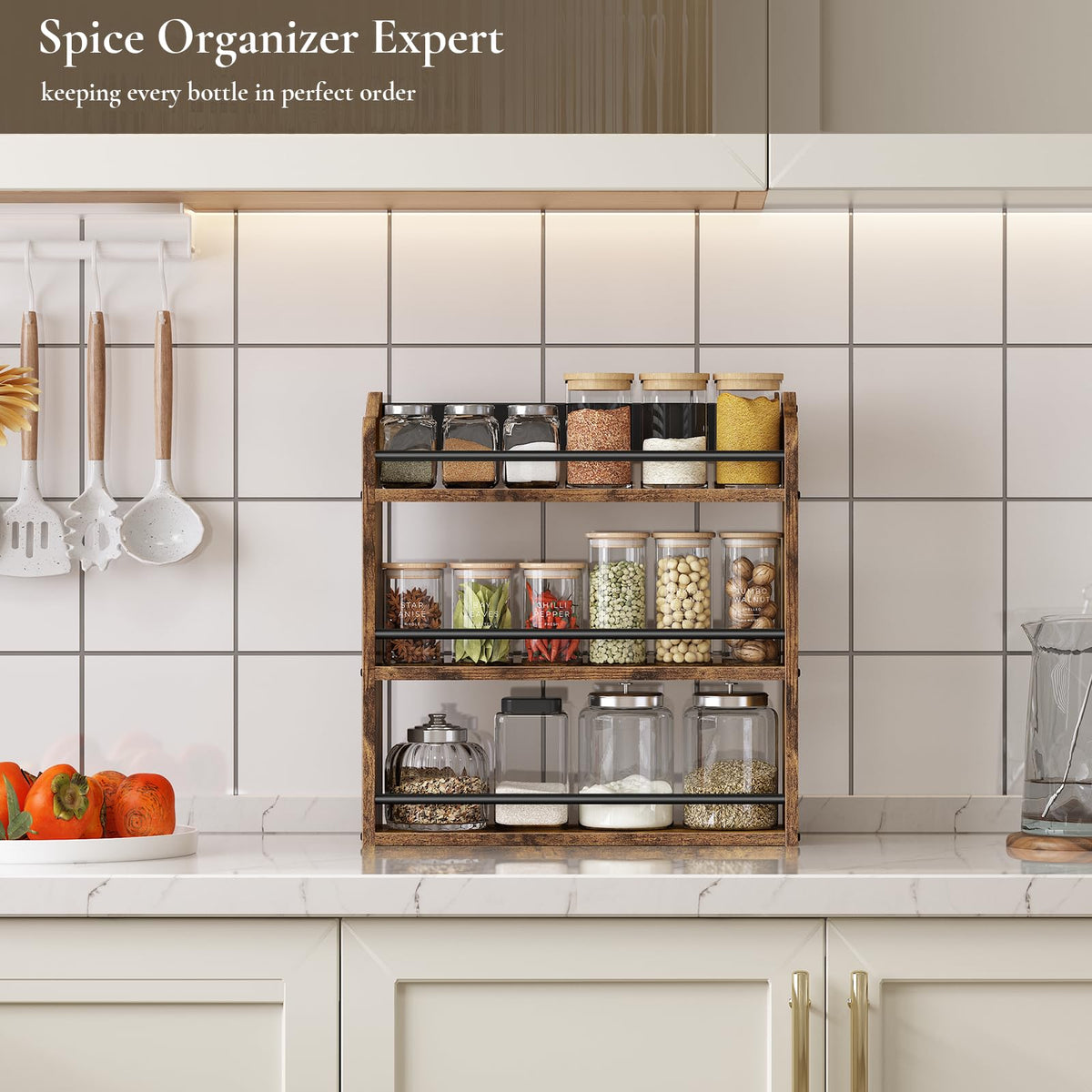 Close-up of BCOZLUX wood texture on spice rack.