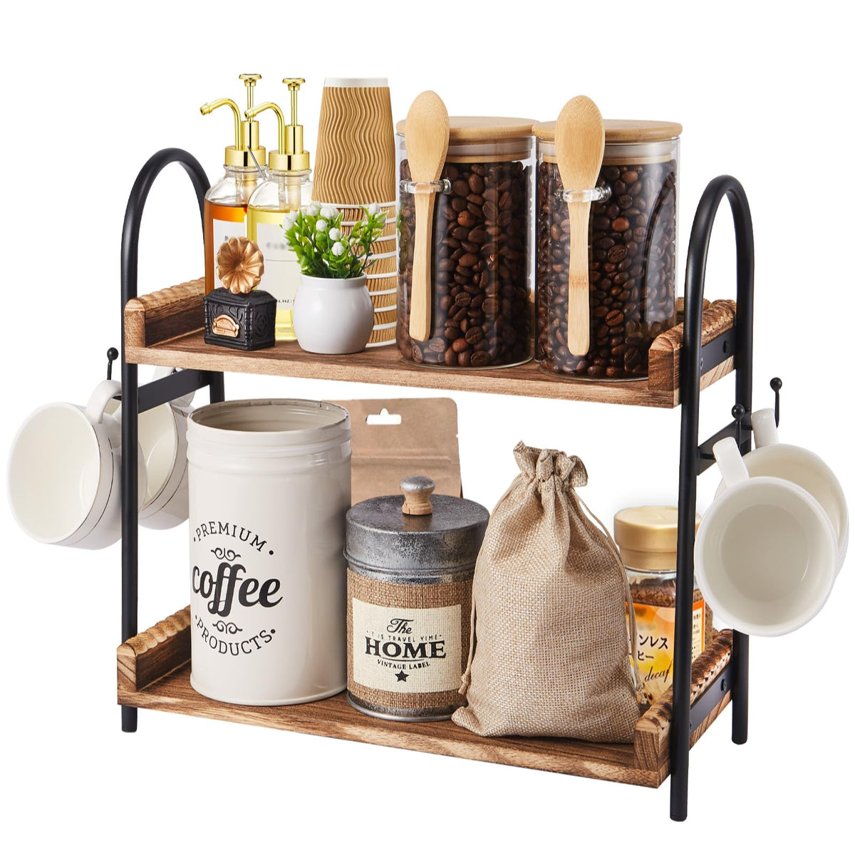 BDBDYEAY coffee bar organizer 2-tier on countertop keeps essentials neatly within reach.