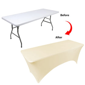 BDDC ivory stretch table cover closeup highlights durable fabric and stain resistance.