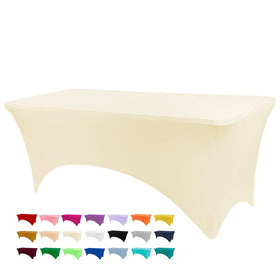 BDDC 6ft ivory stretch table cover in front view showing a smooth, wrinkle-free surface.
