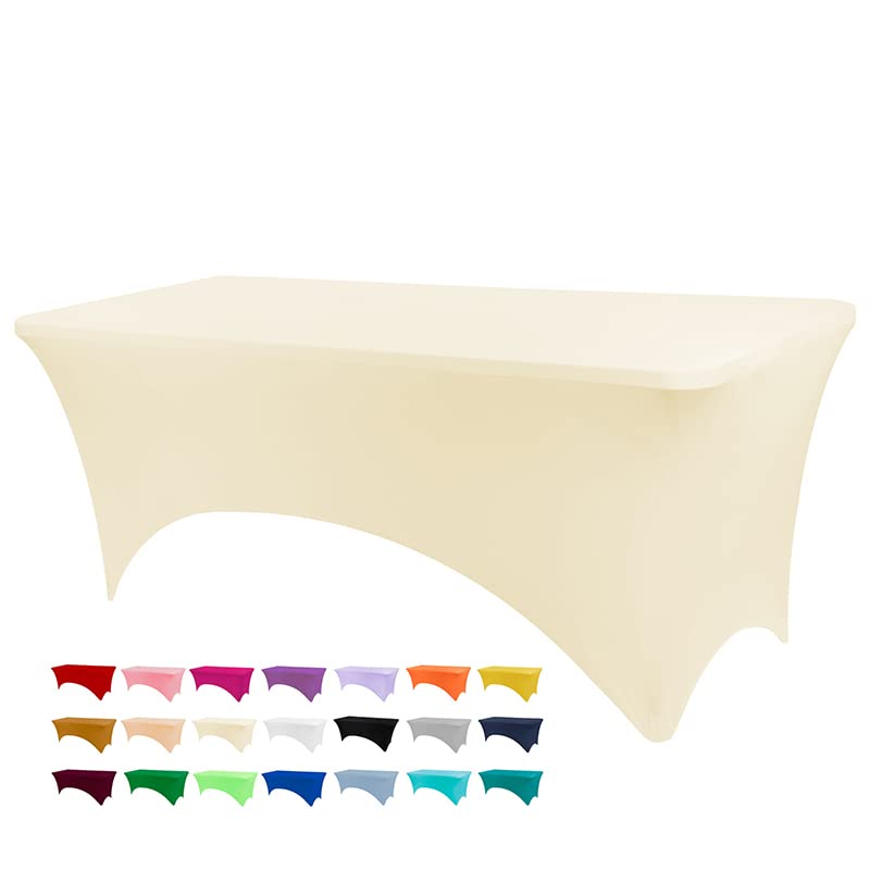 BDDC 6ft ivory stretch table cover in front view showing a smooth, wrinkle-free surface.